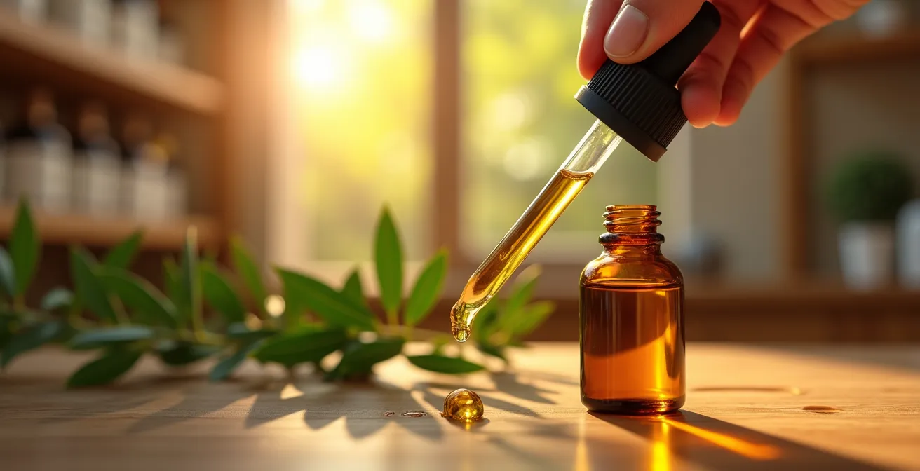 Gotas de aceite esencial cayendo desde pipeta con hojas de árbol de té al fondo