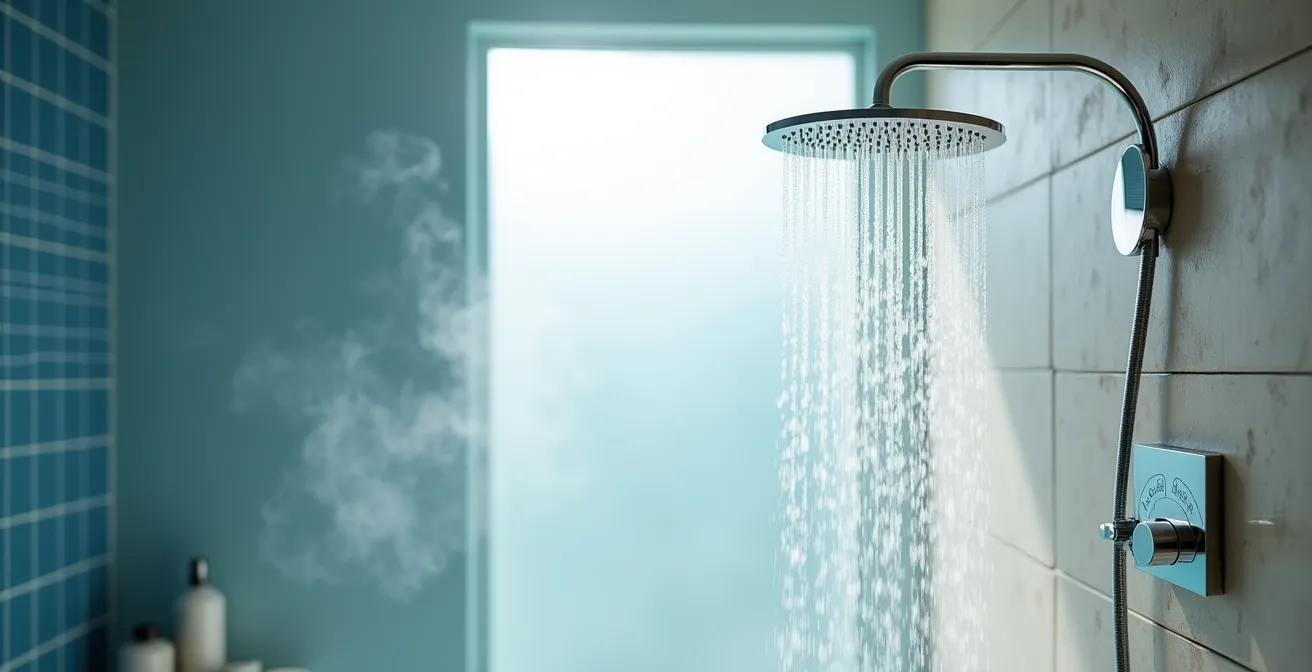 Ducha con vapor suave mostrando temperatura ideal para proteger la piel