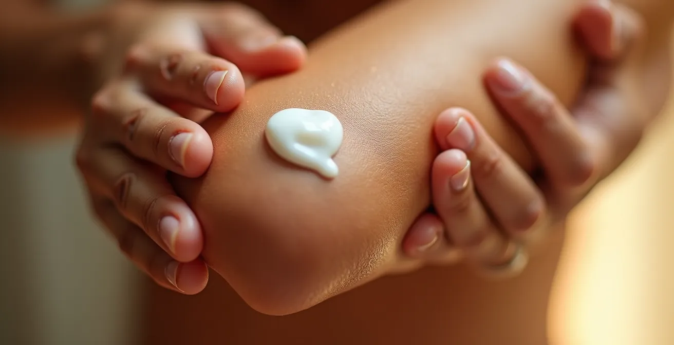 Manos aplicando loción exfoliante en codos con técnica circular