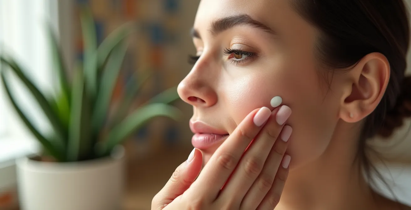 Mano aplicando delicadamente bálsamo facial en mejilla con técnica de palmaditas