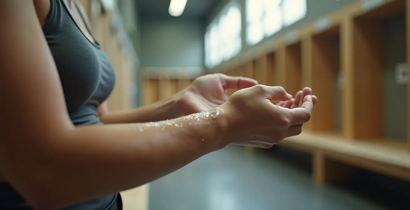 Aplicación de crema emoliente sobre piel húmeda en vestuario deportivo