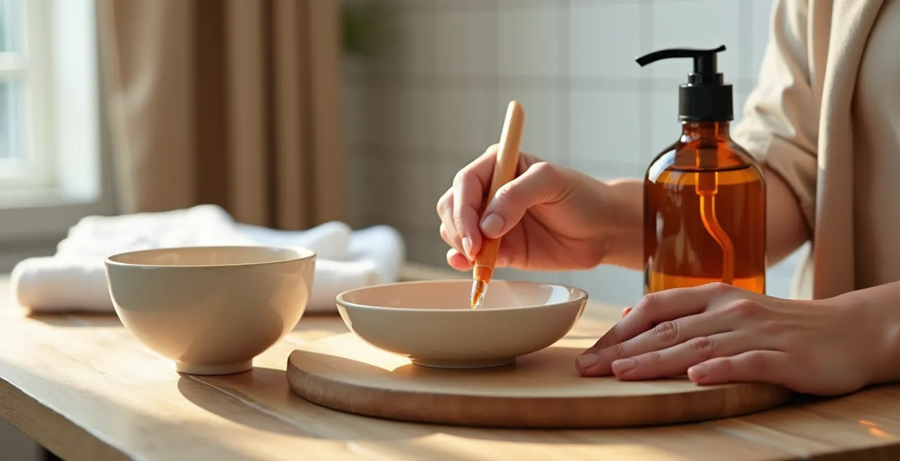 Manos aplicando gel removedor de cutículas con palito de naranjo en proceso de manicura