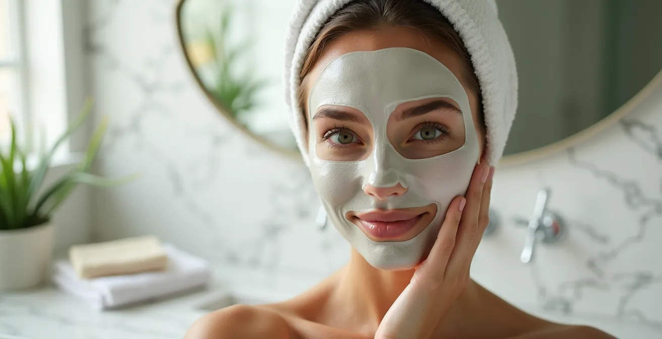 Rostro con diferentes tipos de mascarillas de arcilla aplicadas por zonas