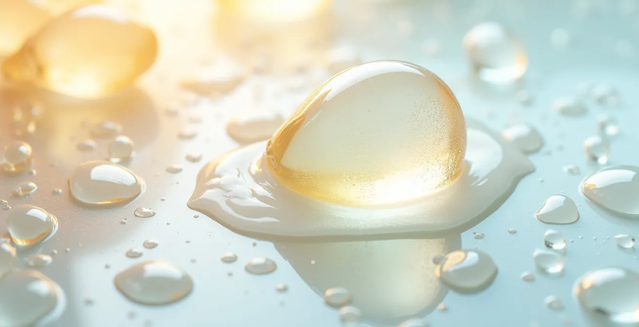 Texturas de sérums y cremas en capas transparentes sobre superficie de cristal