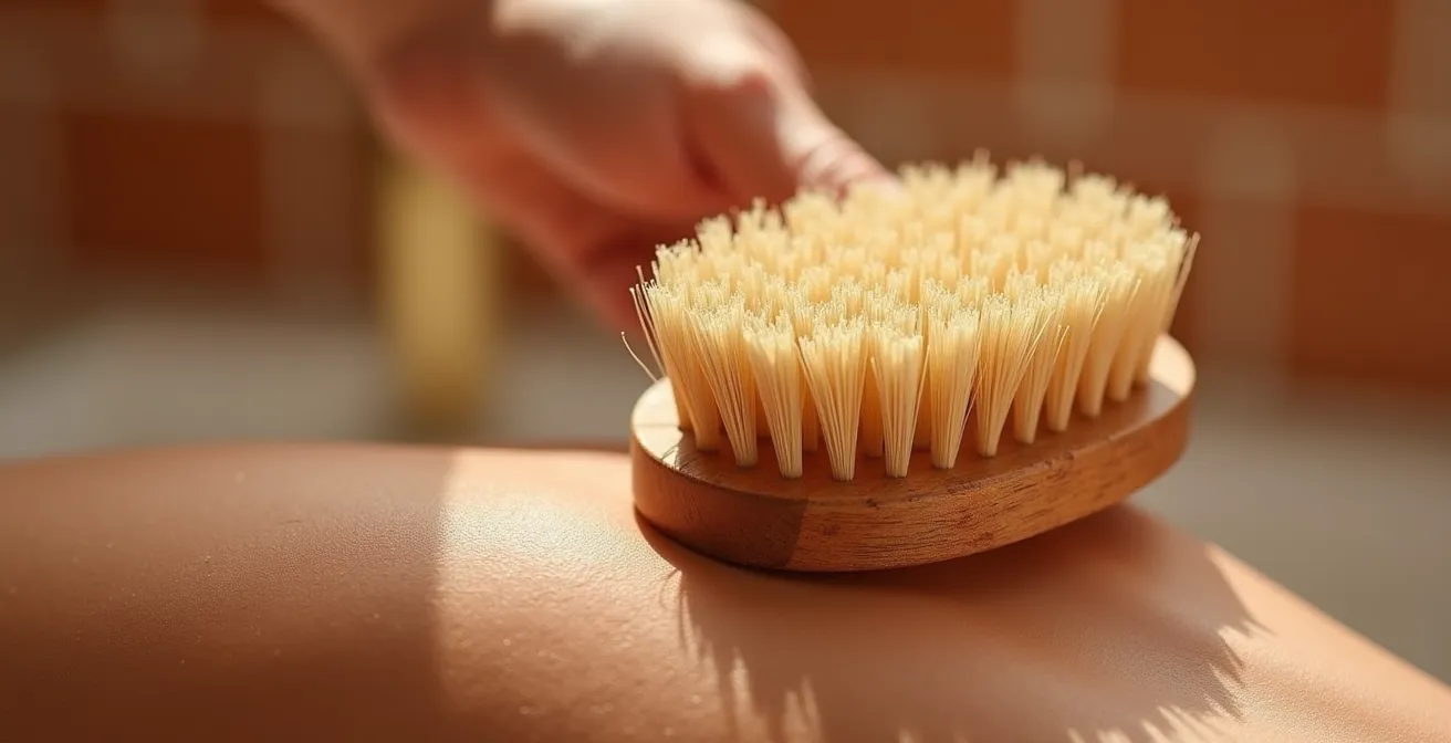 Técnica de cepillado en seco mostrando direcciones del drenaje linfático