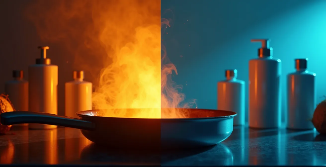 Comparación visual entre aceites de cocina y productos capilares profesionales