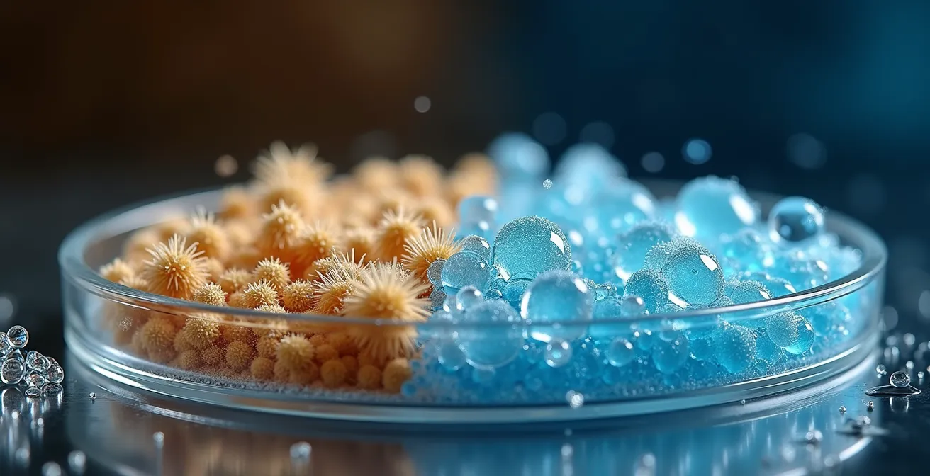 Comparación visual microscópica entre estructuras moleculares de ácido hialurónico vegetal y sintético