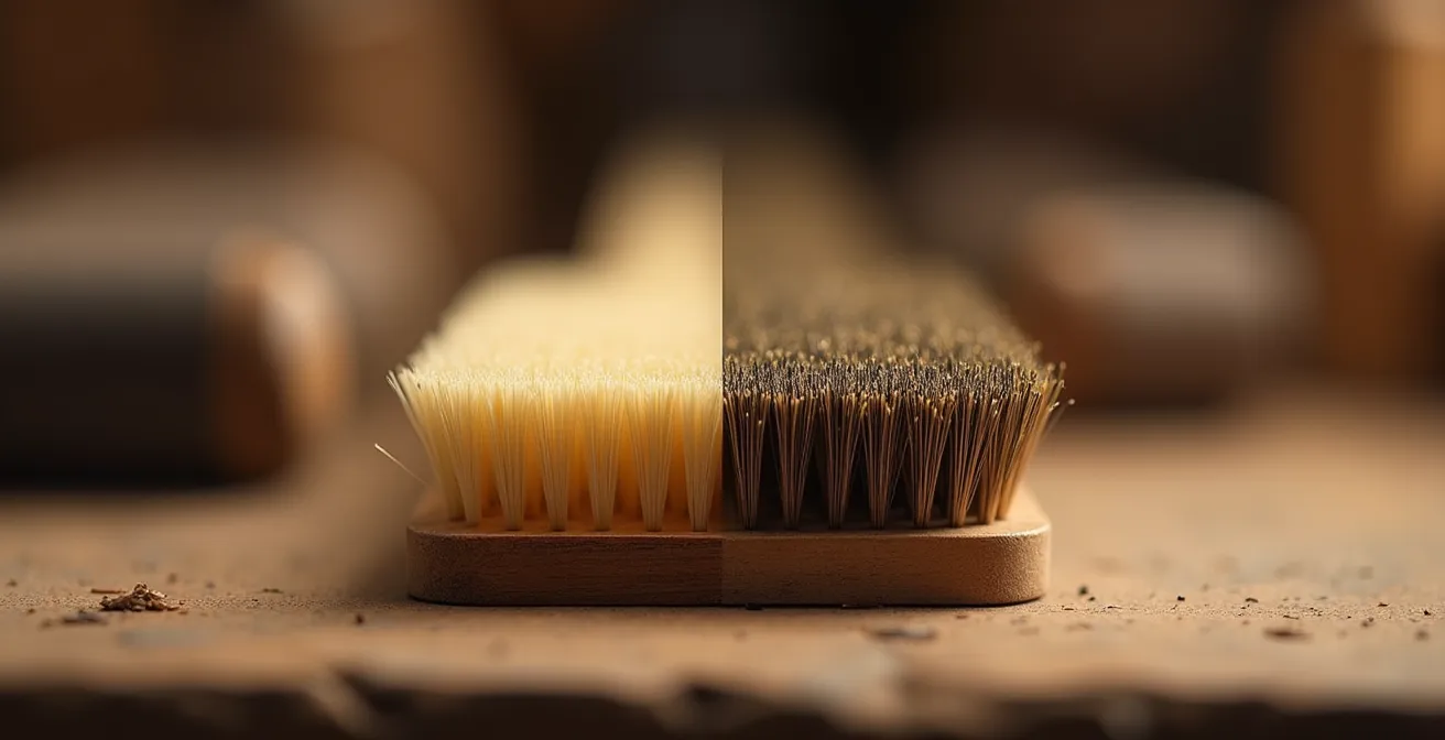 Detalle macro de cerdas naturales de jabalí mostrando su textura escamosa frente a cerdas de plástico lisas