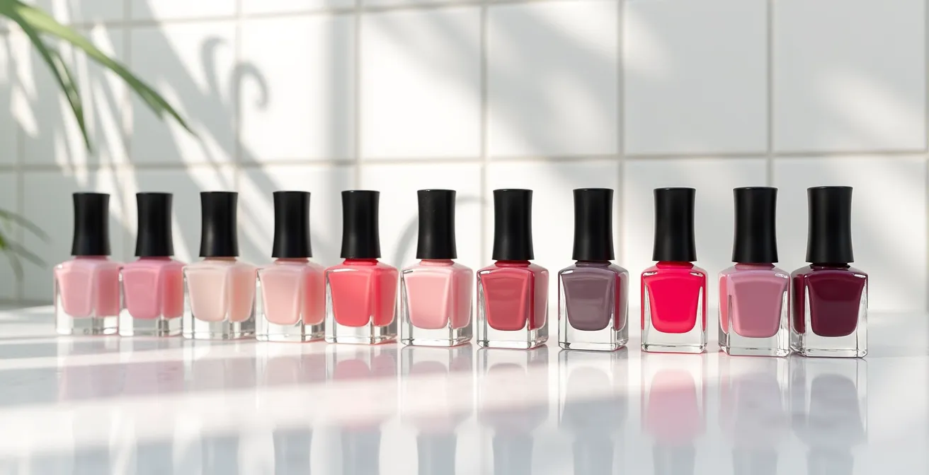 Botellas de esmalte de diferentes marcas españolas mostrando etiquetas free sin texto legible