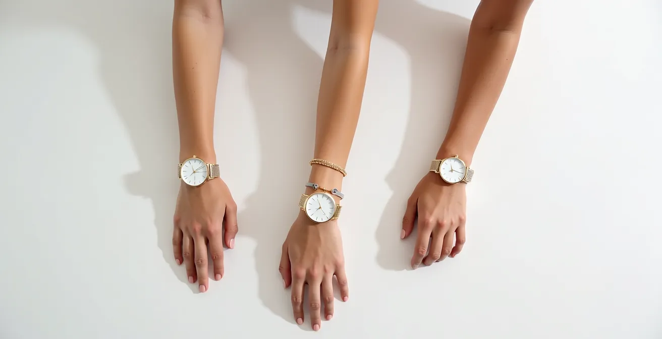 Comparación visual de diferentes diámetros de reloj en muñeca delgada