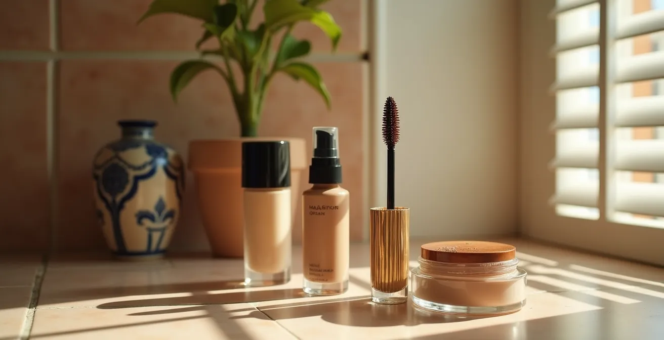 Cosméticos con señales de deterioro por calor veraniego sobre tocador español