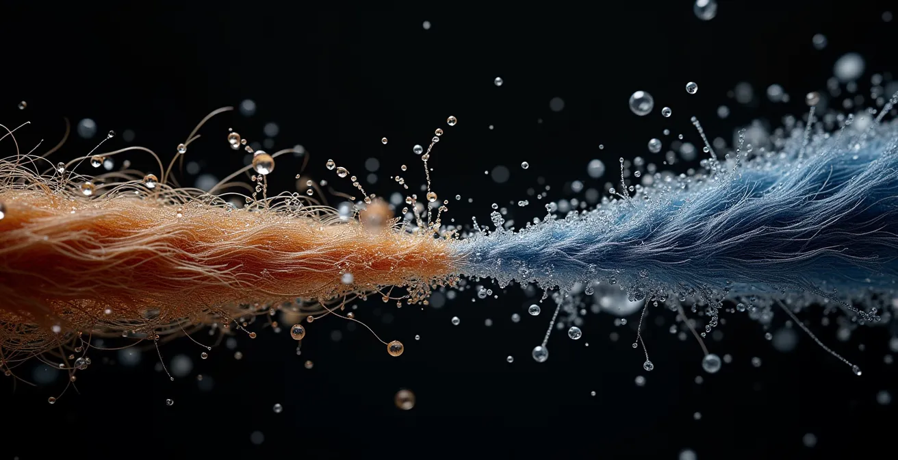 Comparación microscópica de cutícula capilar abierta por el agua caliente y cerrada por el agua fría