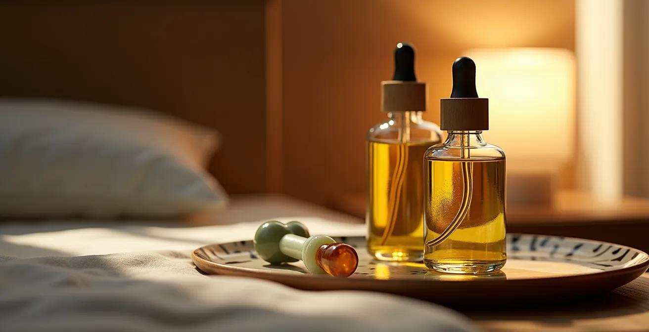 Mesa de noche minimalista con productos de cuidado ocular y libro sin pantallas digitales