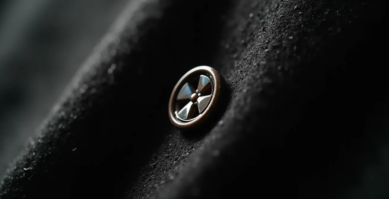 Detalle macro de solapa y botonadura de americana negra de calidad