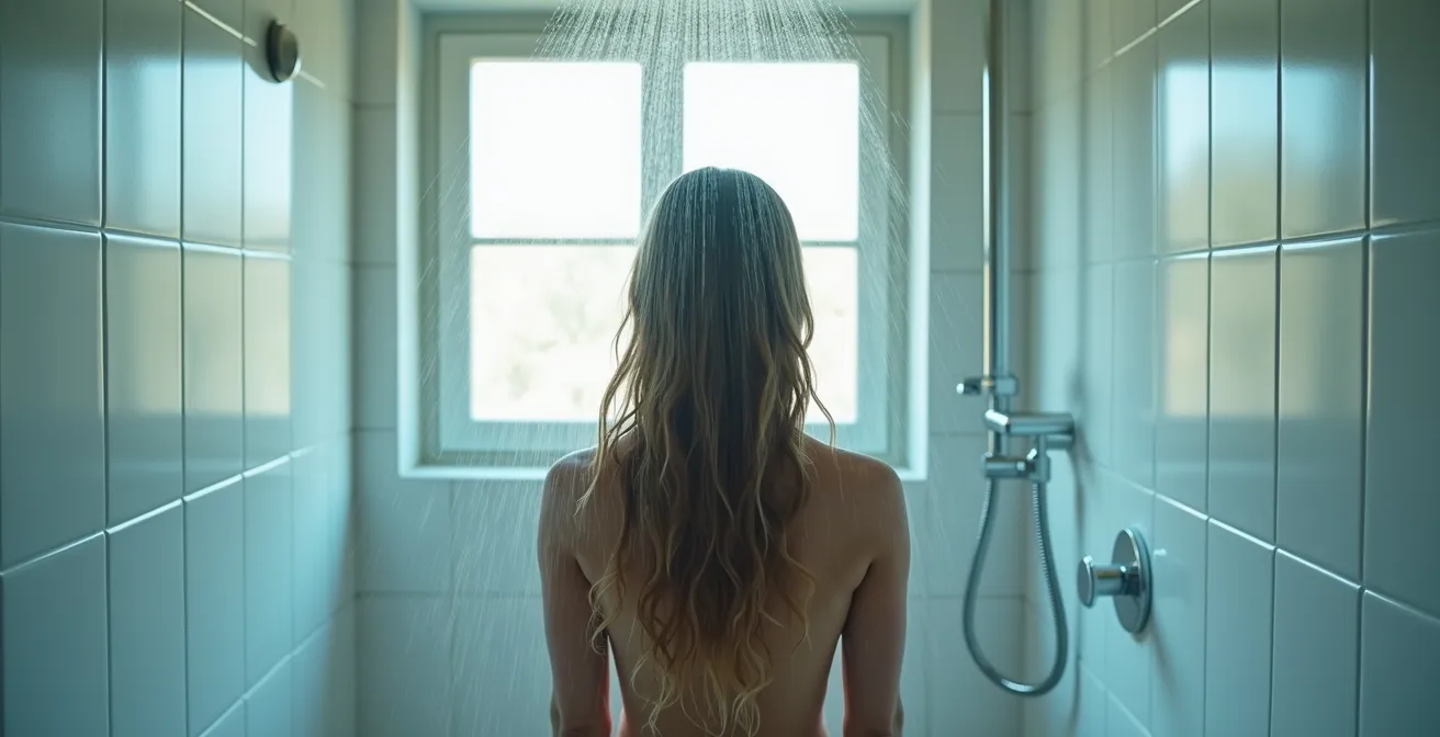 Mujer finalizando ducha con agua fría para sellar cutícula capilar