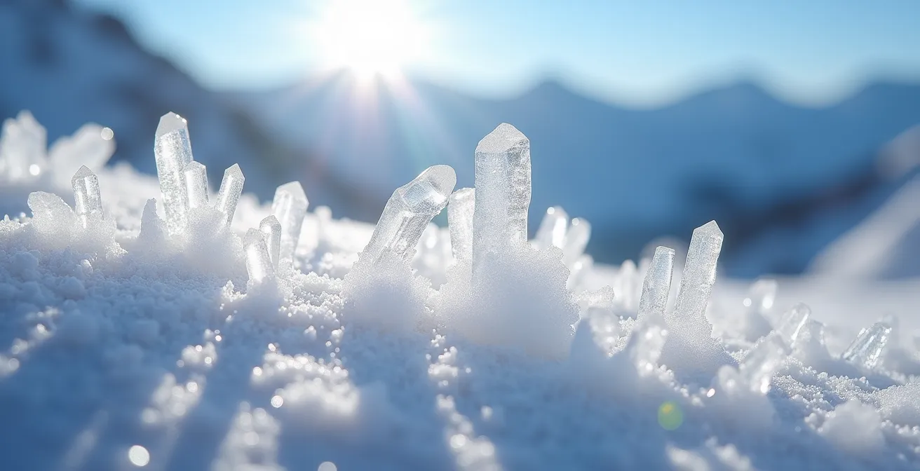 Montaña nevada española mostrando reflexión de luz solar intensa