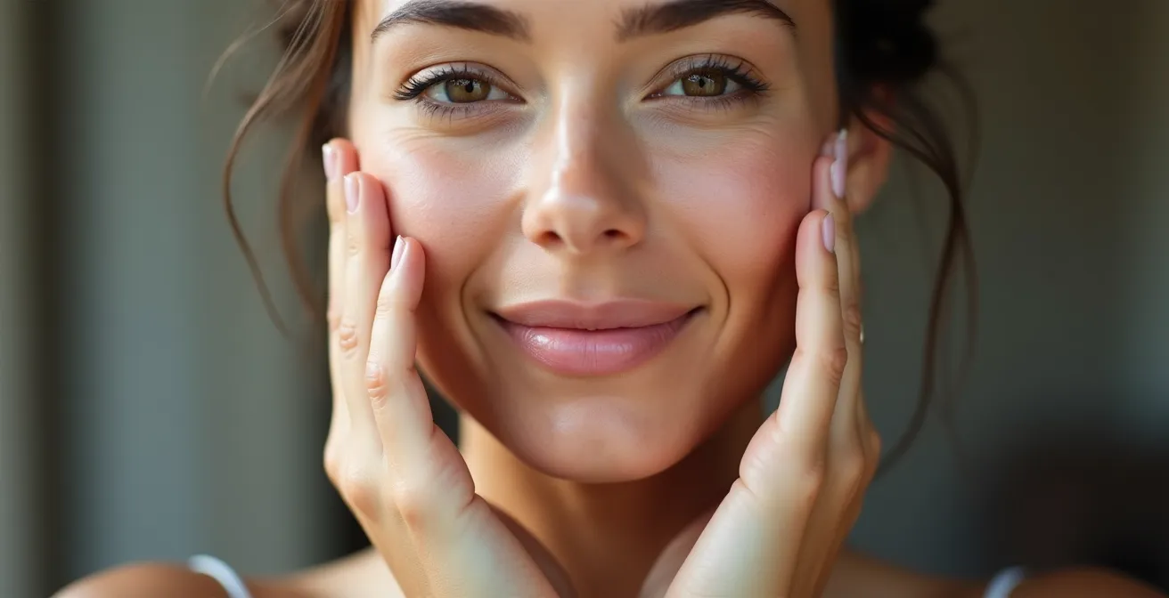 Mujer realizando ejercicio de yoga facial para elevar pómulos con las manos en las mejillas