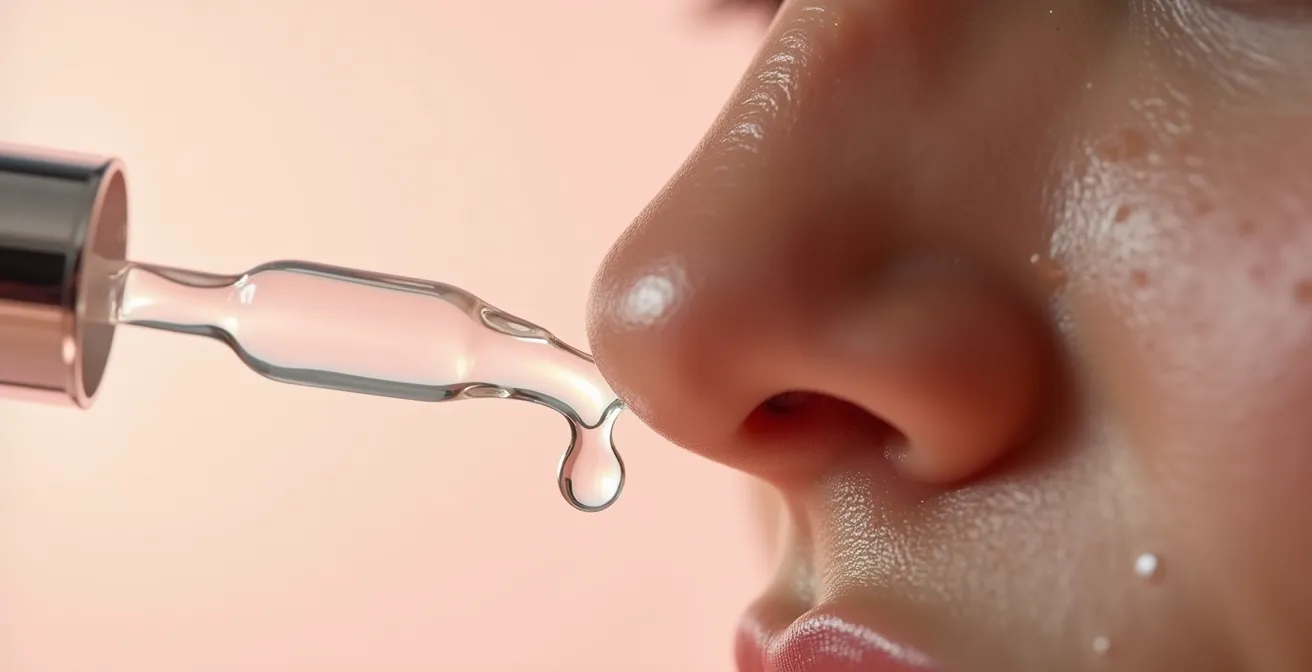 Detalle macro de aplicación de sérum BHA en la zona de la nariz