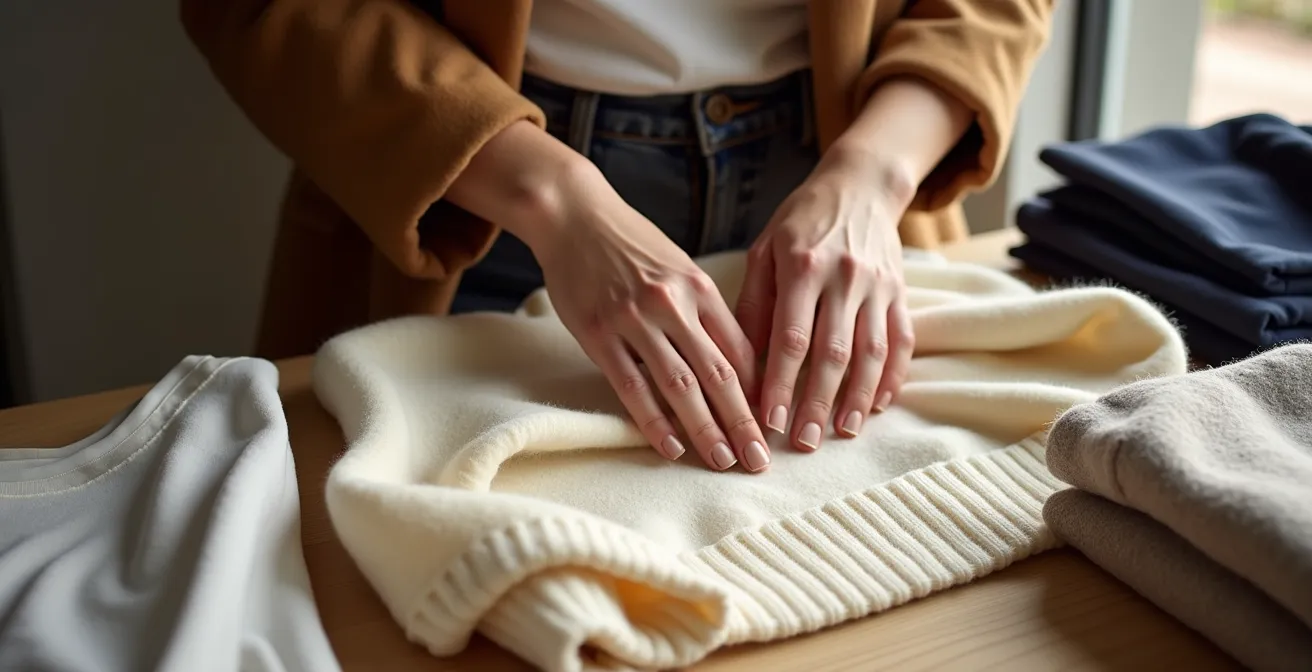 Prendas básicas de calidad organizadas mostrando texturas y materiales naturales