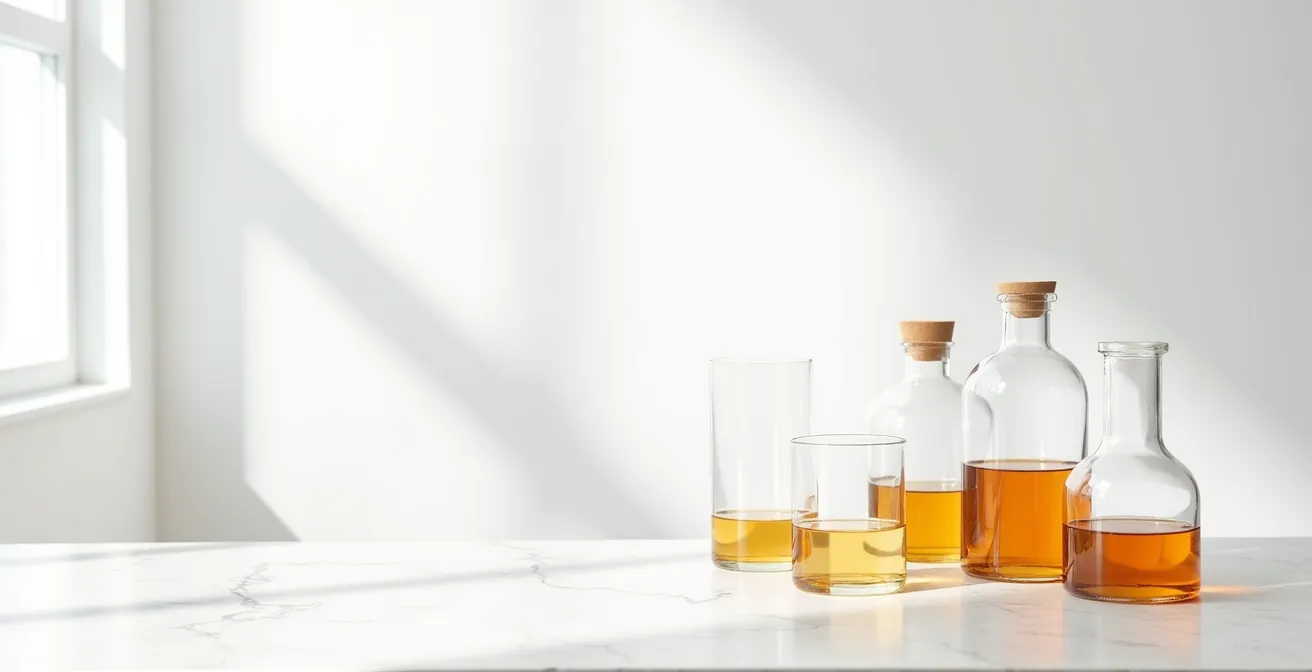 Composición minimalista de frascos de perfume sin etiquetas en ambiente neutro