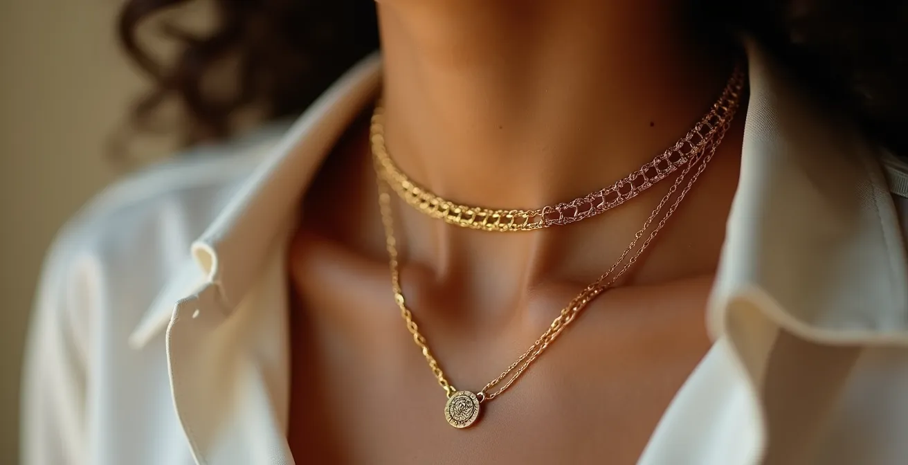 Detalle de gargantilla dorada sobre cuello con escote en V profundo