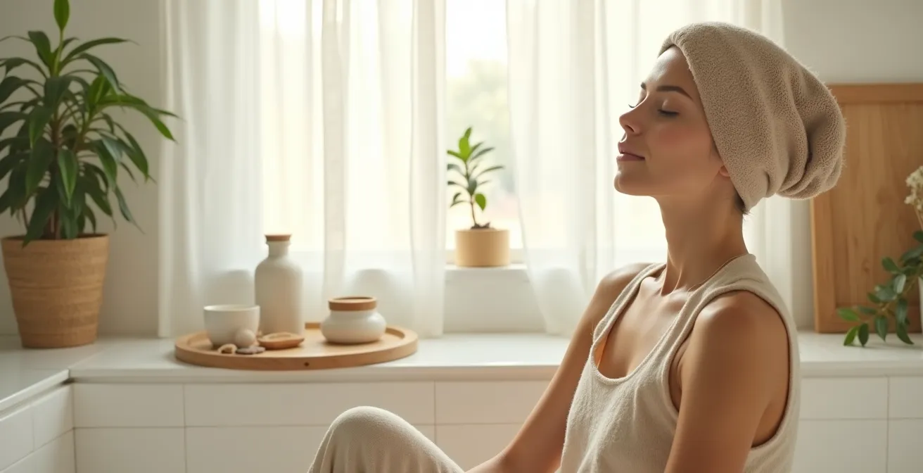 Mujer con gorro térmico durante tratamiento de keratina en casa