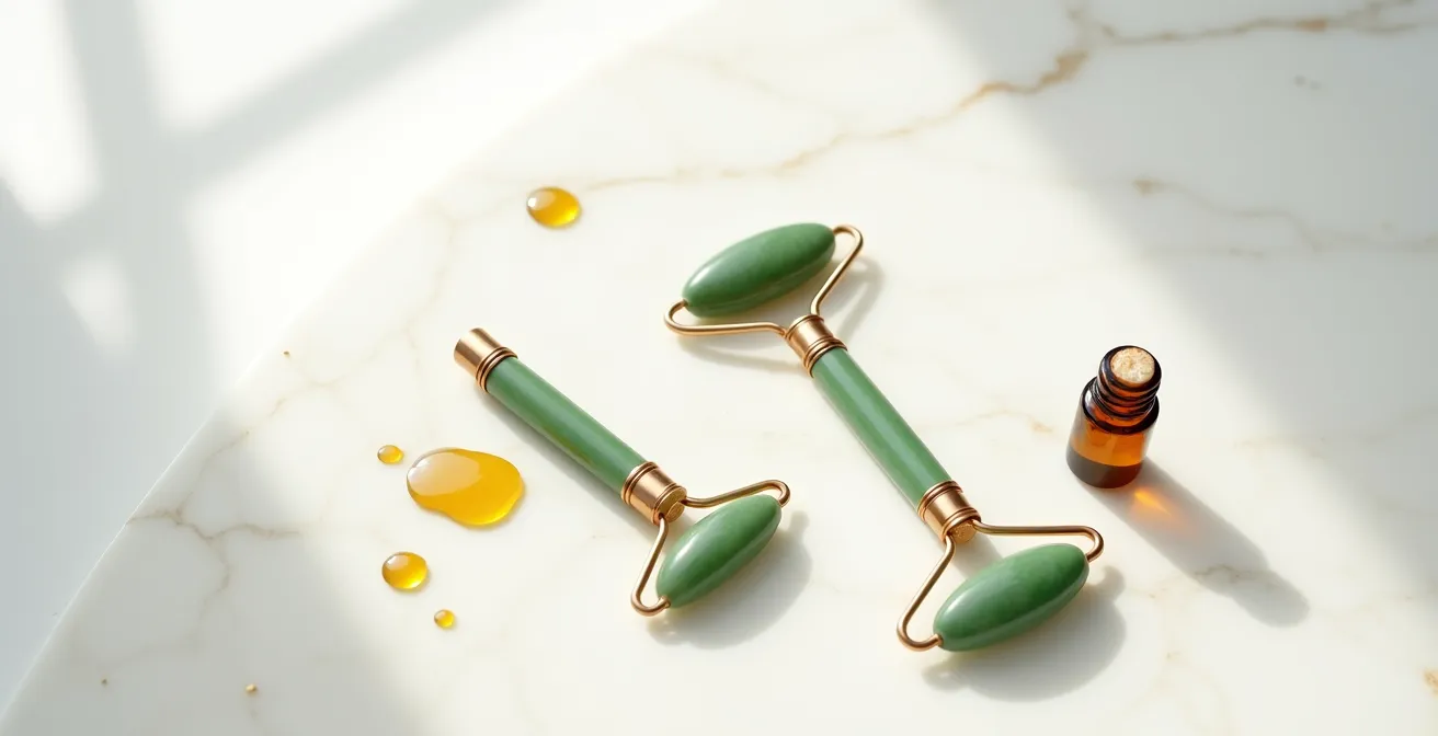 Gua sha y rodillo de jade sobre superficie de mármol con aceite facial