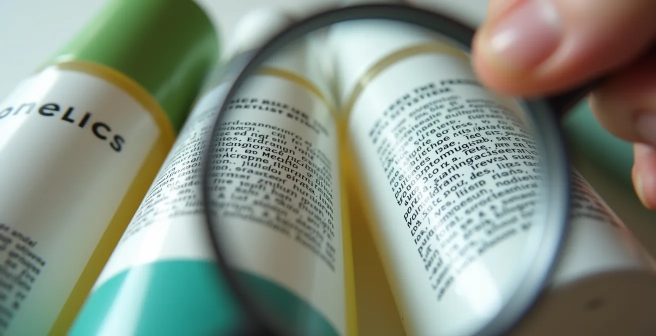 Análisis detallado con lupa de una etiqueta INCI mostrando ingredientes naturales vs sintéticos