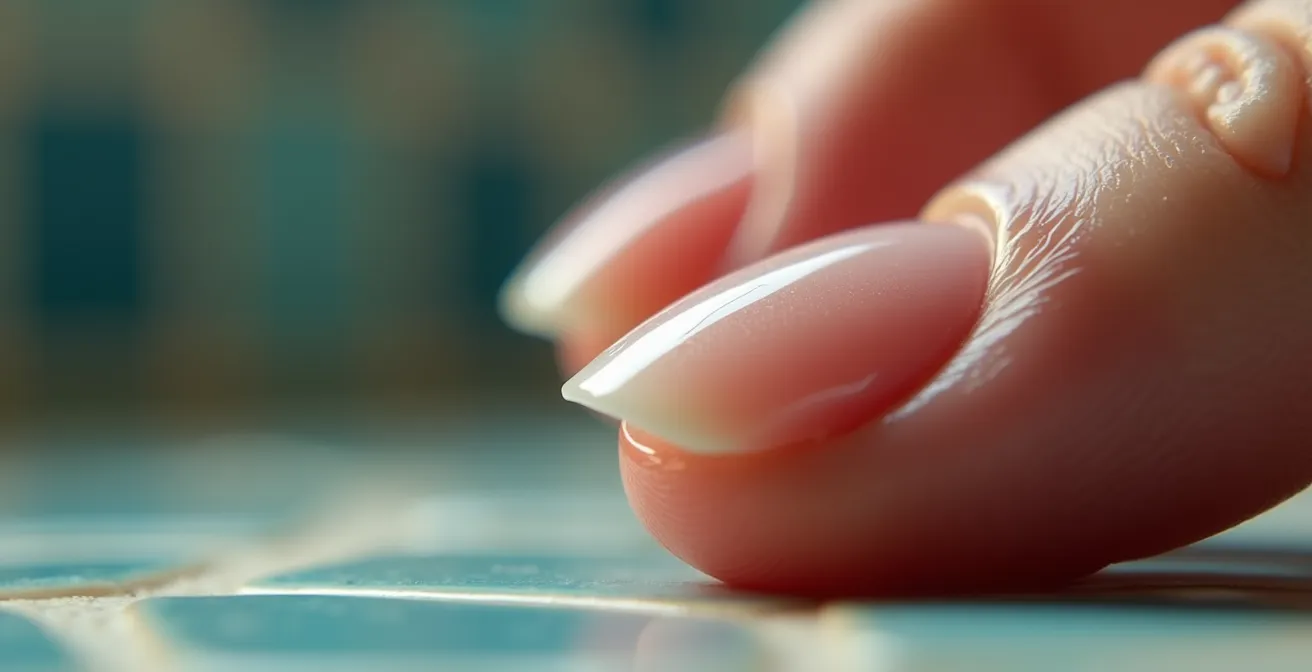 Detalle macro de uña con gel levantado en el borde mostrando espacio problemático