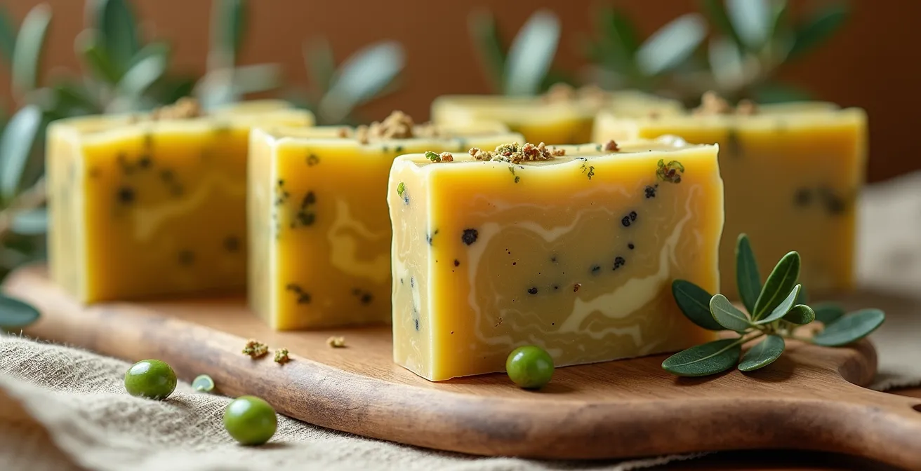 Jabones artesanales de aceite de oliva español con olivos centenarios al fondo