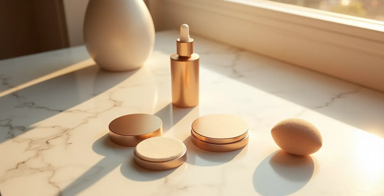 Kit de supervivencia anti-brillos para mediodía compuesto por polvos translúcidos, una borla y una bruma facial sobre una mesa minimalista.