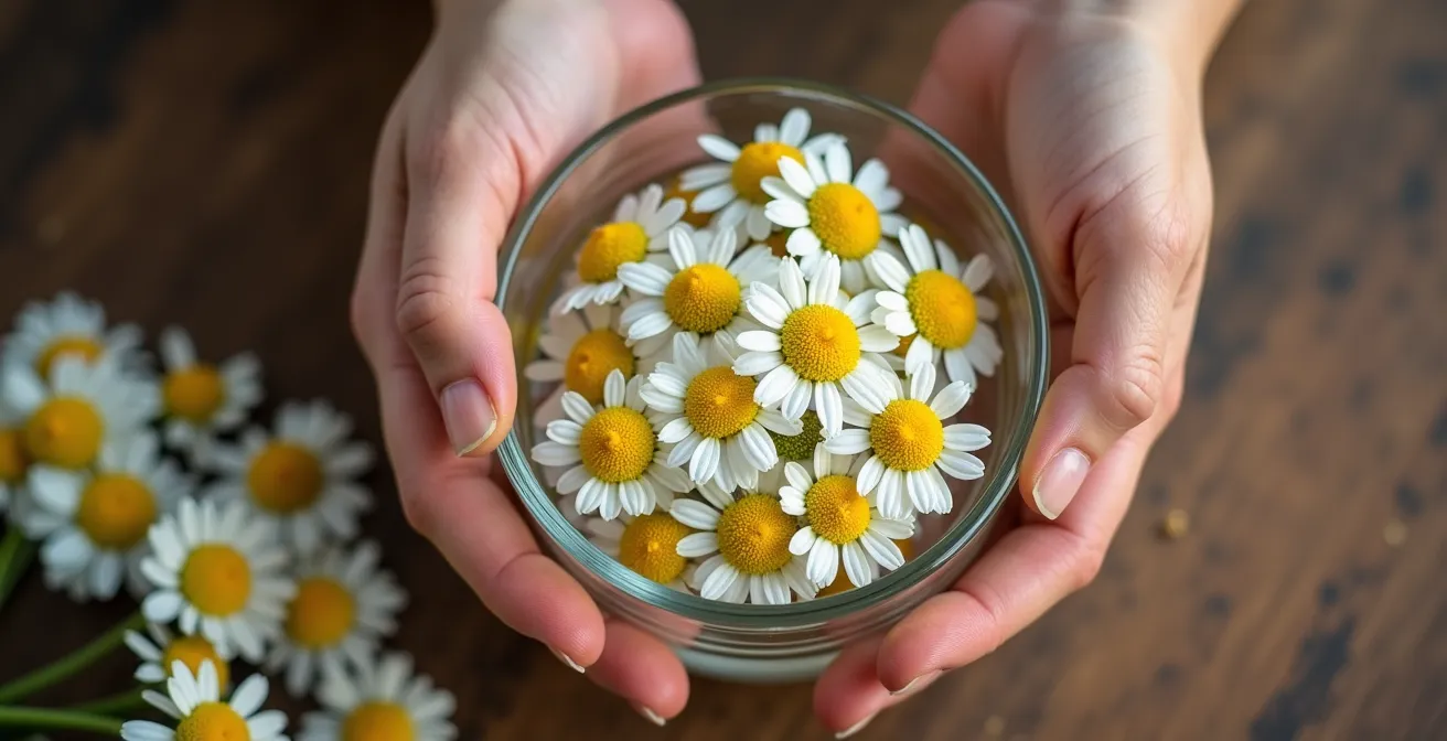 Manos preparando hidrolato de manzanilla de forma artesanal con flores frescas