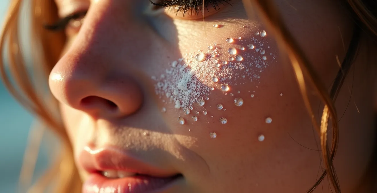 Primer plano del rostro de una mujer con gotas de agua en la mejilla que muestran depósitos minerales del agua dura.