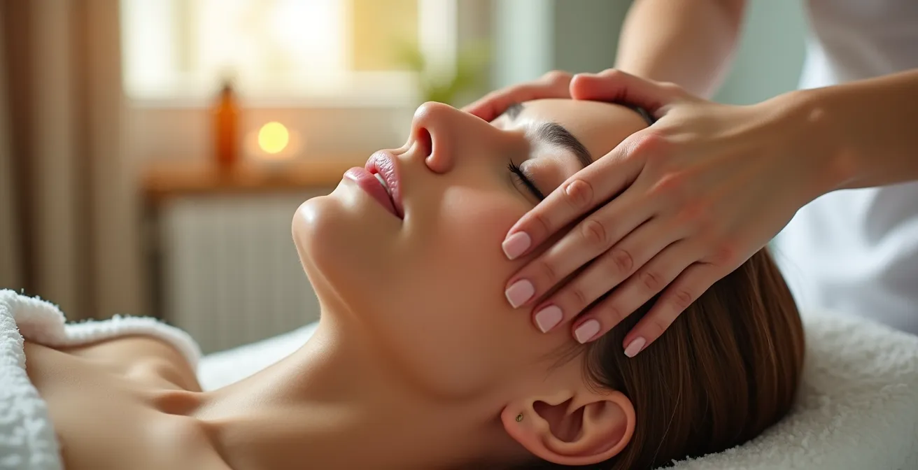 Manos realizando masaje circular en cuero cabelludo con movimientos de drenaje linfático