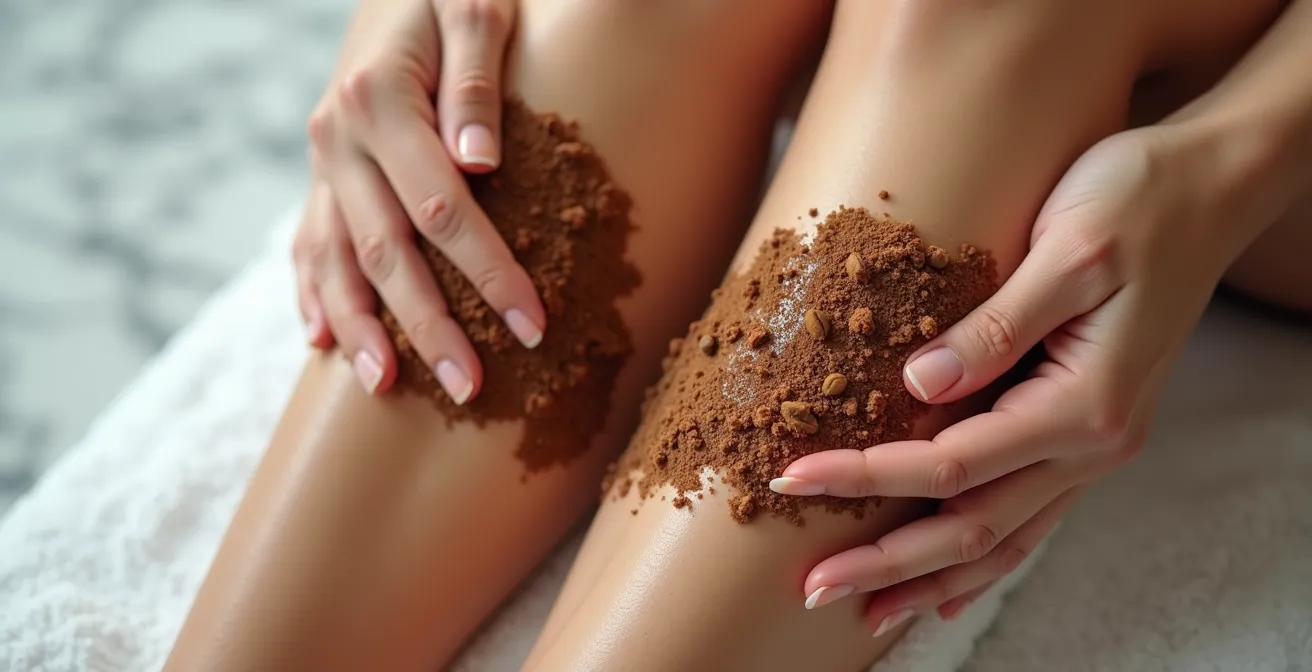 Manos aplicando exfoliante en piernas con movimientos ascendentes para un efecto drenante