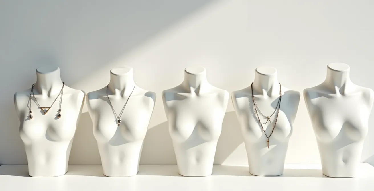 Composición visual mostrando diferentes tipos de collares con escotes variados