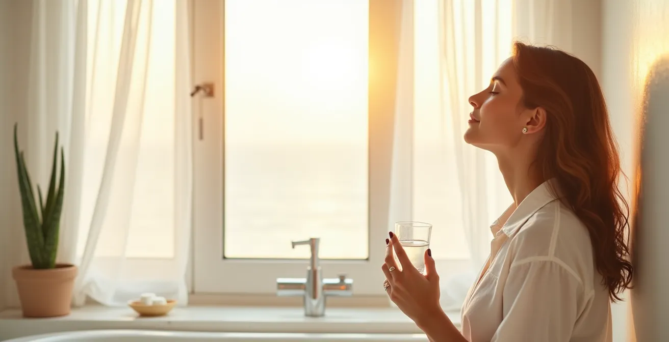 Mujer en momento de calma junto a ventana con luz natural practicando minimalismo cosmético