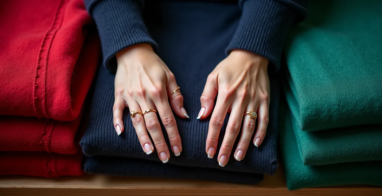 Manos femeninas seleccionando prendas rojas y azules sobre mesa de madera con luz natural