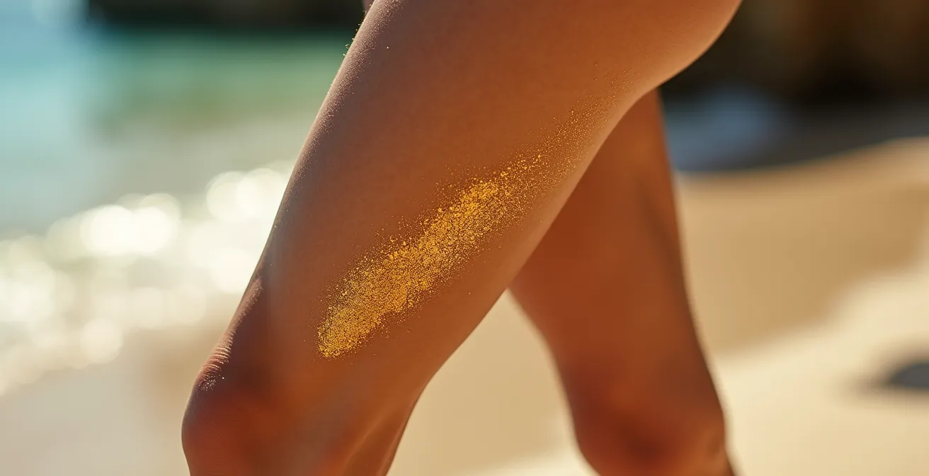 Piernas bronceadas con efecto satinado del aceite seco bajo luz mediterránea