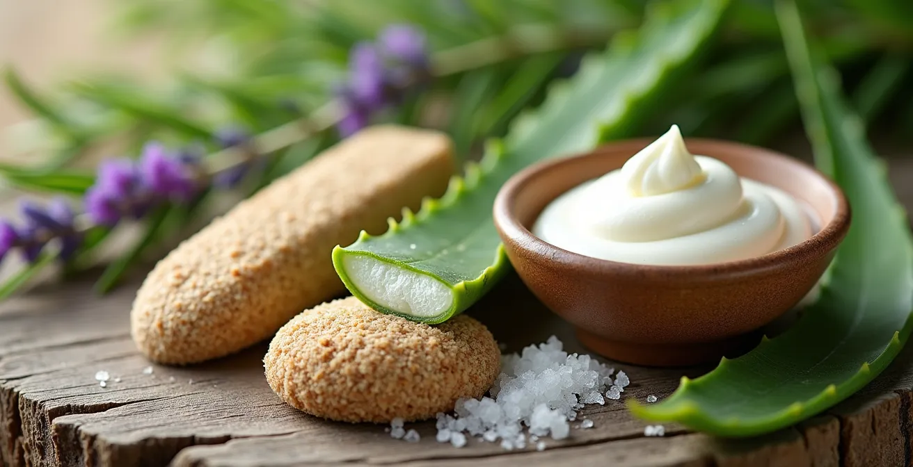 Composición minimalista de productos naturales para el cuidado de pies sobre superficie de madera