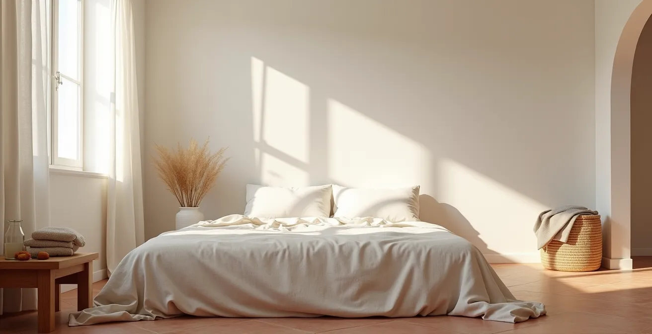 Dormitorio mediterráneo con luz suave filtrándose por cortinas de lino