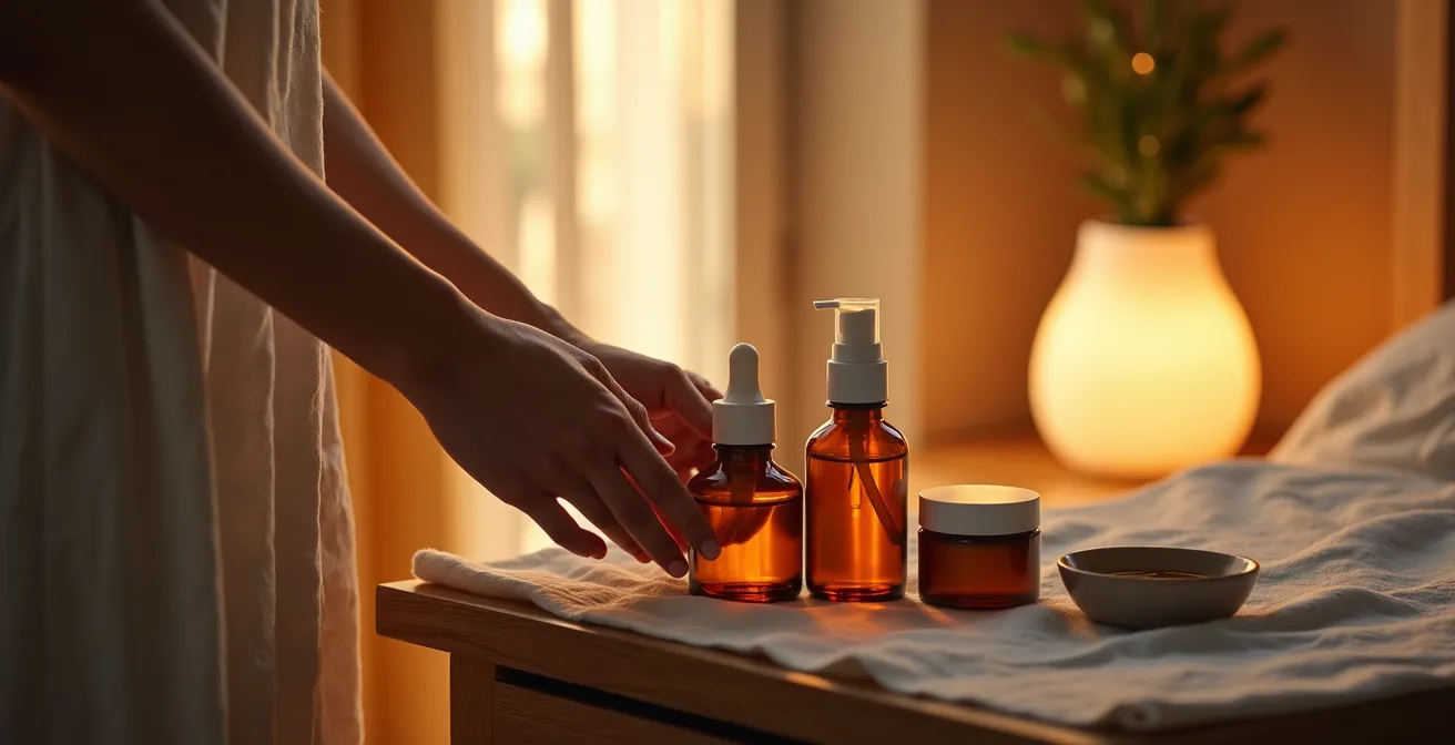 Mesa de noche española con productos organizados para rutina Skin Cycling