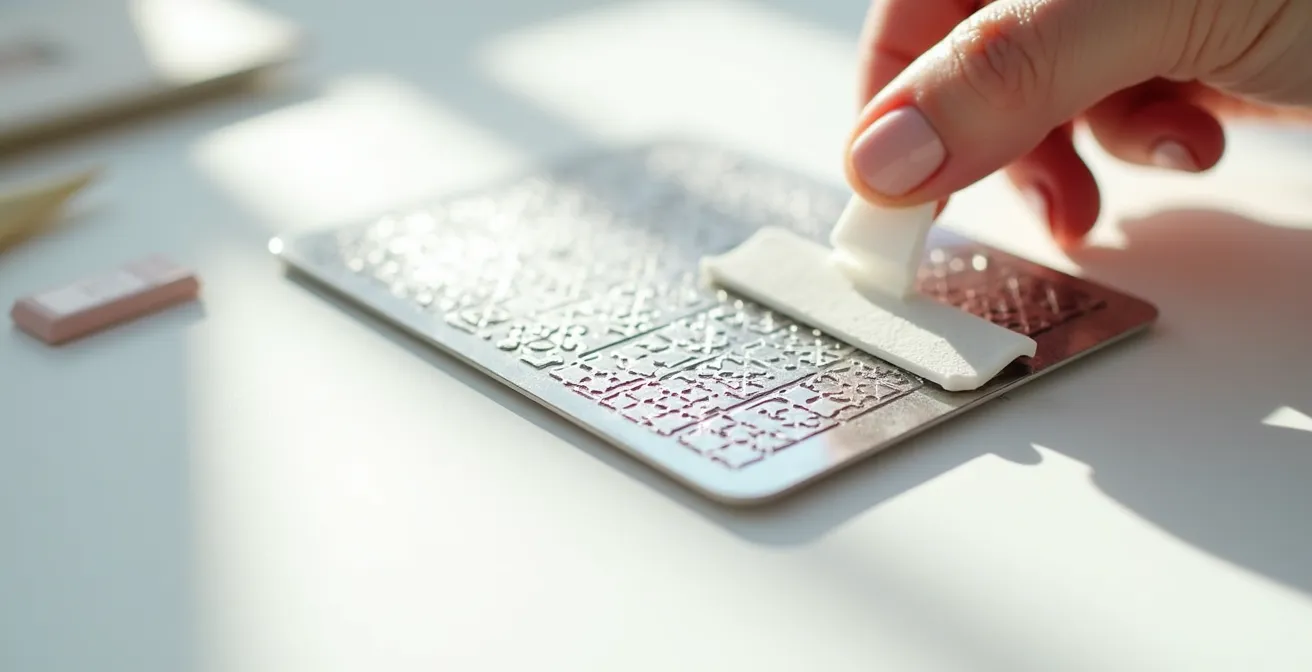 Proceso de stamping mostrando sello de silicona recogiendo diseño de placa metálica