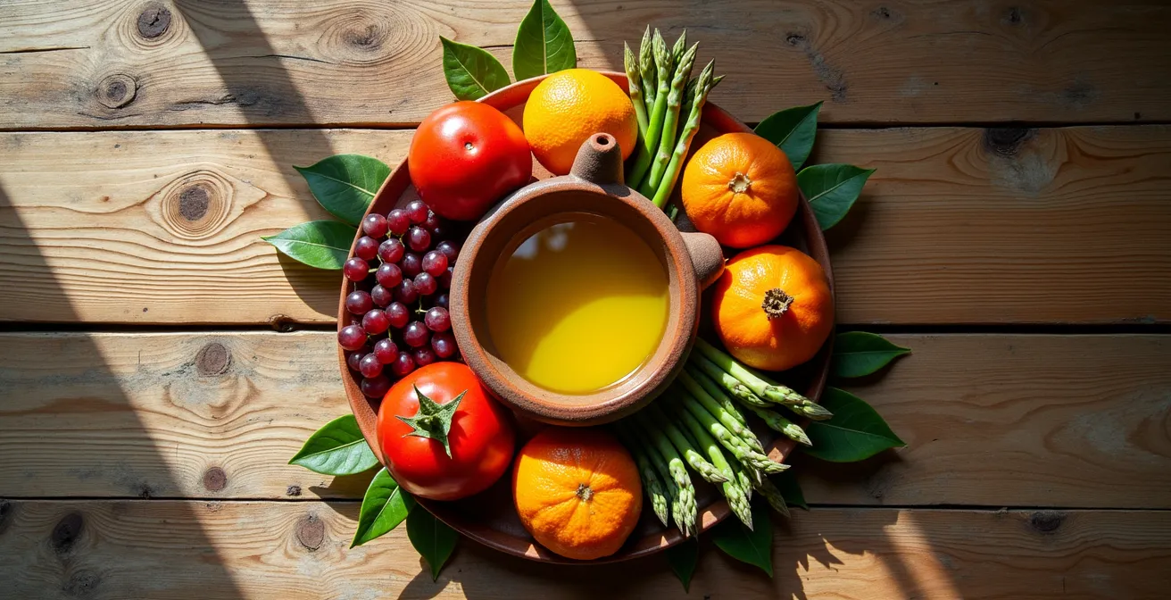 Composición aérea de alimentos mediterráneos frescos sobre mesa de madera española
