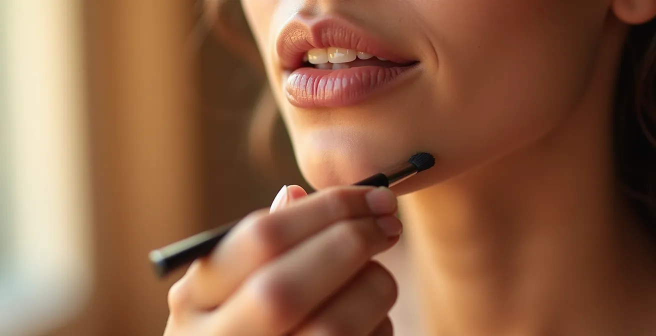 Manos aplicando base de maquillaje con técnica de capas finas sobre piel mediterránea