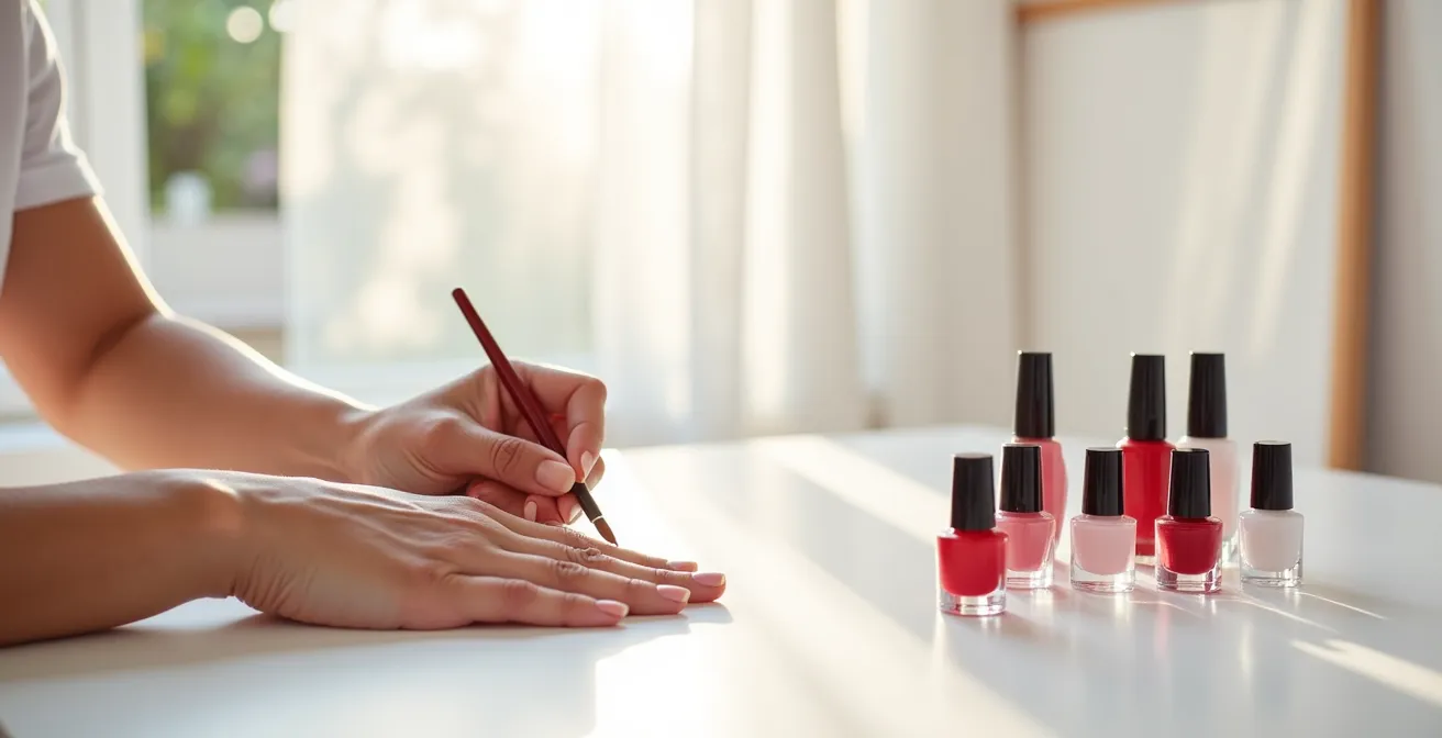 Vista lateral de uña mostrando capas transparentes de esmalte en proceso de aplicación