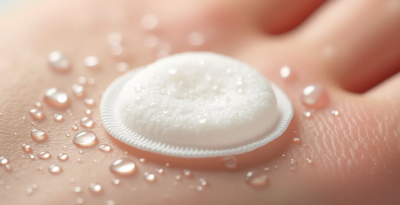 Detalle macro de disco de bambú empapado en agua micelar sobre piel