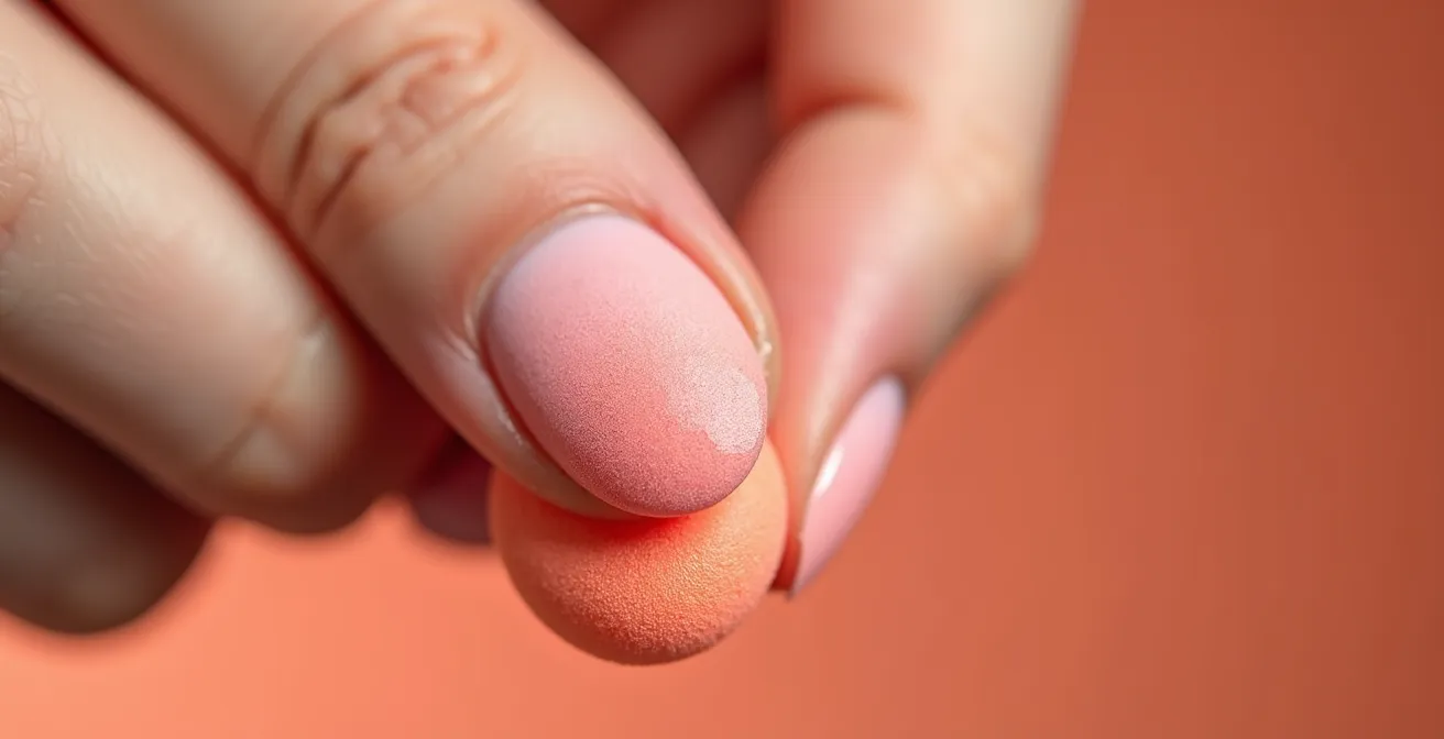 Mano aplicando esmalte degradado con esponja húmeda sobre uña, mostrando la técnica correcta