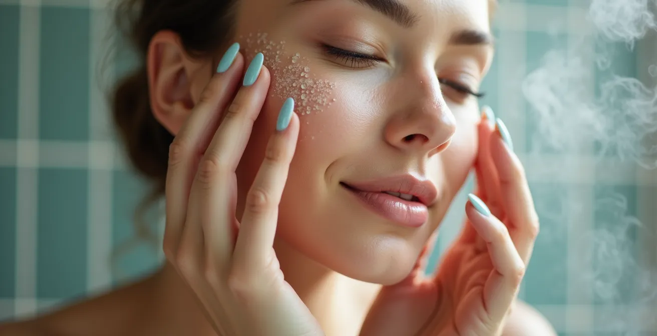 Manos aplicando sérum sobre rostro húmedo en ambiente vaporoso