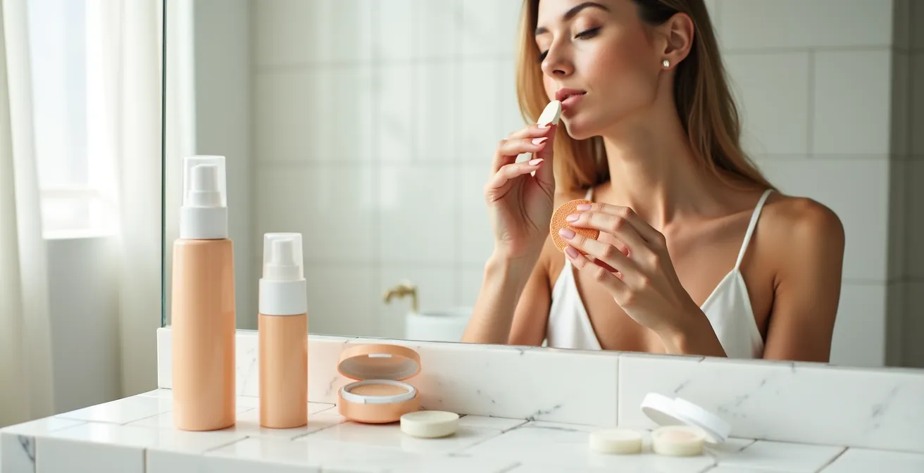 Técnica profesional de reaplicación de protector solar sobre maquillaje con esponja